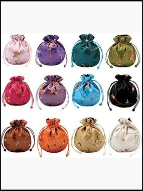 12 Silk Drawstring Coin Purse Floral Embroidered Jewelry Gift Pouch Set